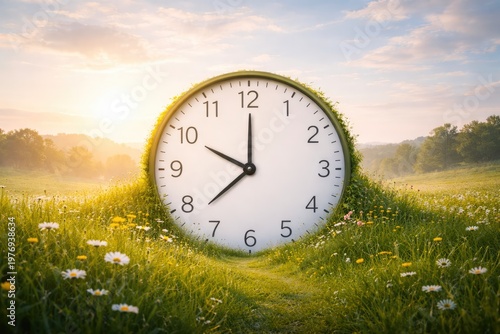 Large clock in green meadow at sunrise representing time nature and balance