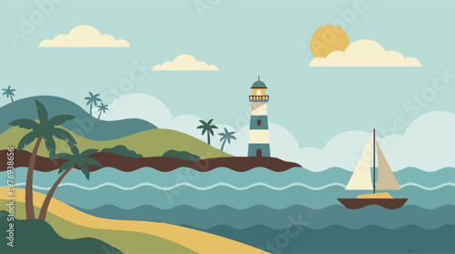 Stylized coastal landscape with lighthouse, sailboat, and tropical beach