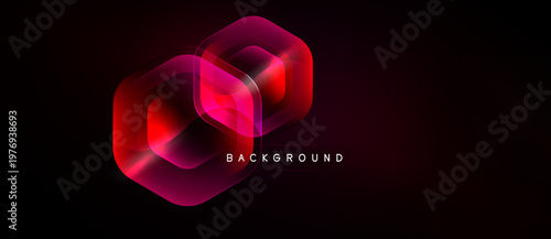 Abstract geometric design. Overlapping hexagon shapes glow with vibrant red, pink hues against dark background. Modern, dynamic composition.