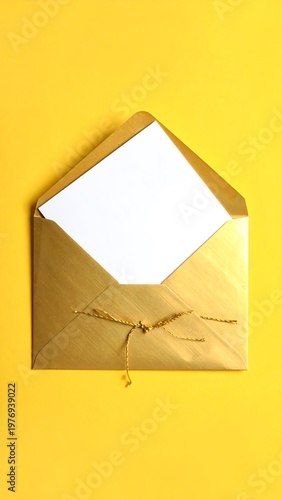 A close-up shot of an open, gold-colored, metallic envelope laid against a vibrant yellow background. A white sheet of paper is inside