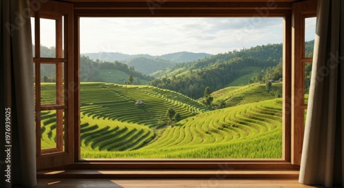 Serene view through an open window, looking at green terraced hills