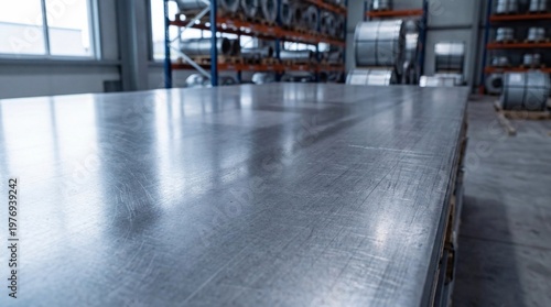 Industrial metal workbench with a polished surface and storage racks filled with steel coils in a spacious manufacturing facility interior