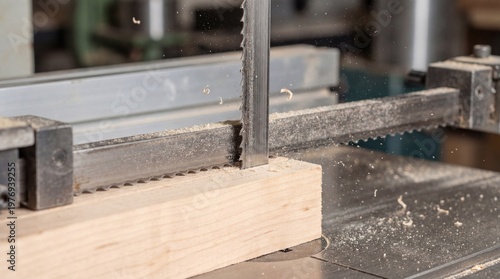 Band saw cutting through a wooden block with flying wood shavings in a workshop environment, showcasing precision and craftsmanship in woodworking