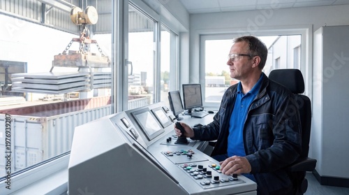 Male operator in black jacket controls crane from cabin, overseeing metal sheets being lifted at industrial site with shipping containers in the background