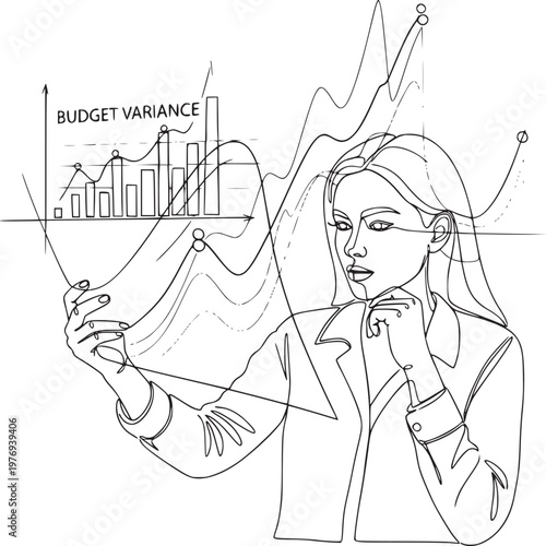Businesswoman analyzing budget variance chart with financial stress in office