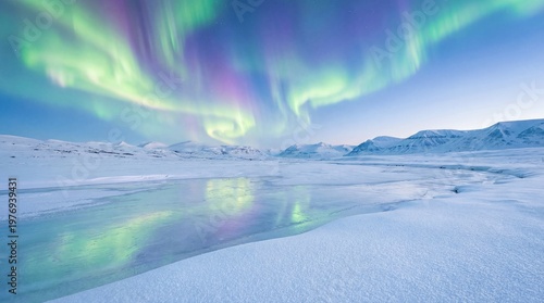 Northern Lights display over a frozen lake surrounded by snow-covered mountains under a clear sky in a remote Arctic landscape during winter