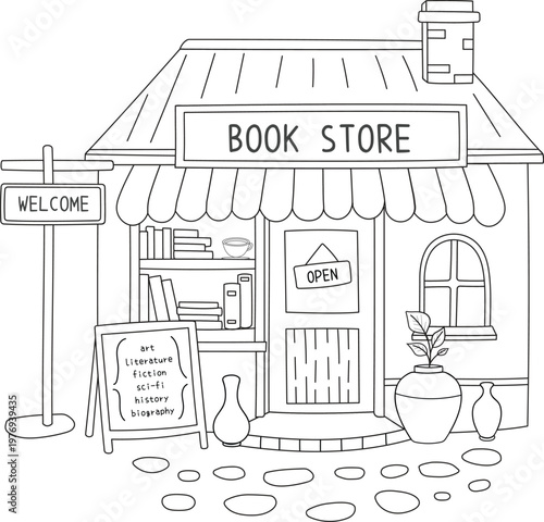 Bild auf Leinwand Bookstore doodle hand drawn illustration in outline line art style