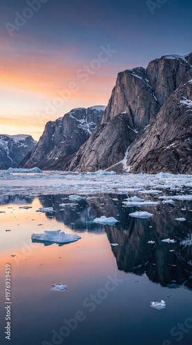 Majestic mountain cliffs reflected in calm water at sunset, with floating icebergs and a colorful sky in a remote Arctic landscape