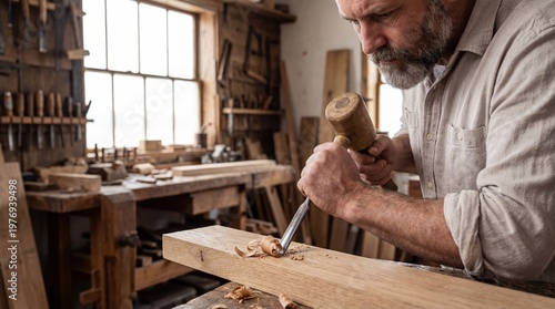 Male carpenter with beard using chisel and hammer to shape wooden plank in rustic workshop filled with tools and woodworking equipment