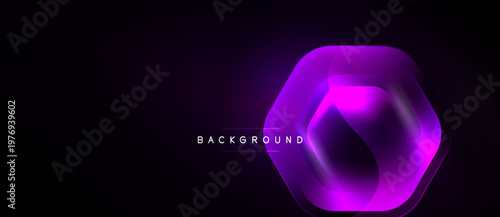 Dark background features glowing hexagon. Vibrant purple hues create modern abstract design. Text reads background. Minimalist aesthetic.