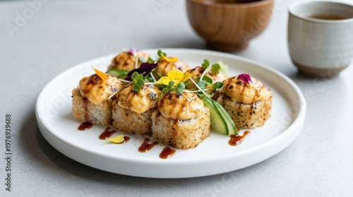Sushi rolls topped with grilled seafood and garnished with microgreens, edible flowers, and sauce on a white plate, with a wooden bowl and cup in the background