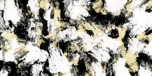 Black white and gold abstract acrylic paint brush stroke background with rough grunge texture. This messy distressed canvas provides a bold contemporary design element.