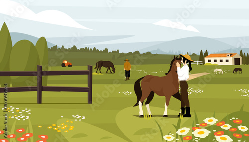 Woman caring for horse on farm field with grazing animals and scenic mountains. Rural lifestyle. Farm tourism eco ad, equestrian center. Flat colorful vector illustration
