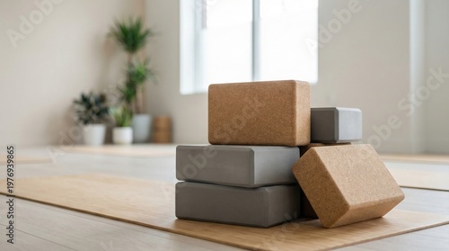 Yoga blocks in various colors stacked on wooden floor inside a bright, minimalistic studio with plants and large windows in the background