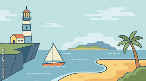 Coastal Landscape with Lighthouse, Sailboat, Beach, and Palm Tree