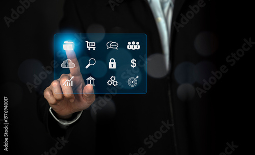 Businessman touching folder icons on virtual screen, including shopping, banking, business, and cloud services, representing digital data management and online technology concept.