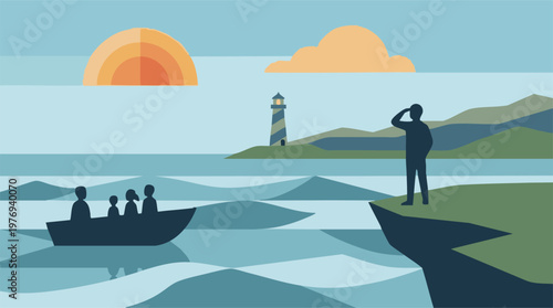 Stylized coastal landscape with a boat, lighthouse, and person on a cliff