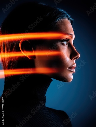 Profile of a woman with glowing orange light beams across her face and neck