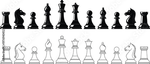Classic chess pieces set with solid and outline styles, strategy board game elements, king queen rook knight pawn vector illustration