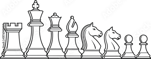 Chess pieces outline illustration set, classic strategy board game elements, king queen rook knight bishop pawn icons, clean vector design