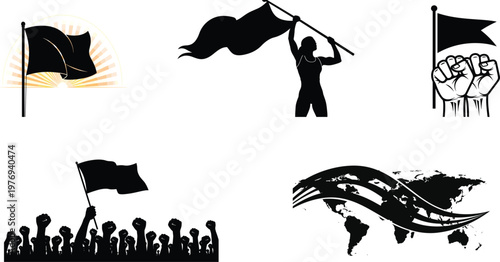 Symbolic representation of resistance and solidarity black flags raised fists and collective uprising imagery