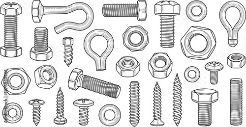 Detailed bolts nuts screws and fasteners illustration set, industrial hardware collection, mechanical engineering components, technical outline drawing vector