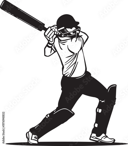 A detailed black and white illustration of a cricket player swinging a bat to hit a cricket ball isolated on white background