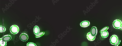 Casino chips and coins cascade with neon green glow, 3D realistic vector gambling background. Poker promotion banner and jackpot win border with falling dices, bingo or lucky rain concept