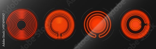 Induction cooktop burners set isolated on black background. Vector realistic illustration of glowing red circles on electric kitchen stove surface, modern cooking appliance, hot temperature sign