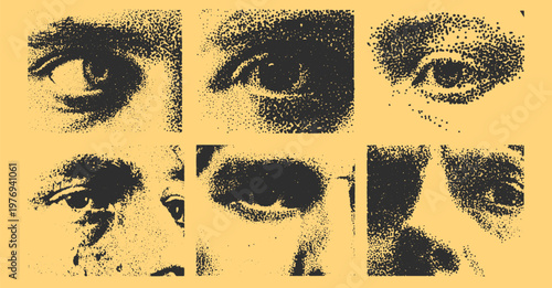 Illustration of eyes and faces in a vintage graphic style. Abstract vector set emphasizing detailed expressions and textures for a modern design.
