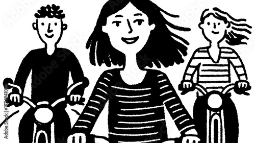 Bikes with cyclists in a simple black and white style. Vector illustration showcasing movement and outdoor adventure in a set format.