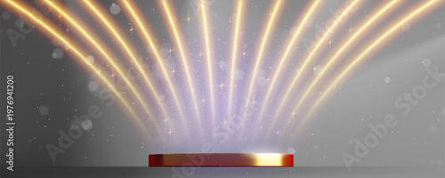 Round golden stage with shiny glitter rays on background. Vector realistic illustration of elegant podium for product sale presentation, luxury award ceremony platform with shimmering particles in air