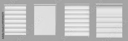 Realistic 3D white venetian blinds, vector mockup isolated on transparent background. Modern window horizontal shutter, textile roller shades, closed vertical jalousie, office or home interior design