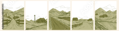 Set of hand drawn farm sketches with countryside fields, grazing cows. Vector illustration of vintage agricultural scene for rustic branding, green pasture landscapes, rural windmill and barn on hill
