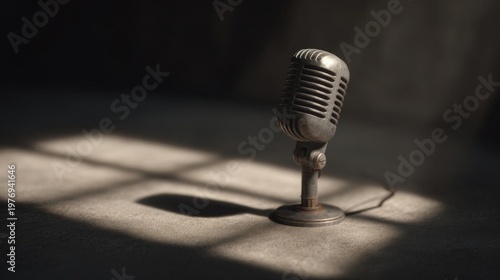 Close-up of an old-fashioned microphone on a stand. the microphone is made of metal and has a round shape with a curved top and a round base. it is placed on a wooden surface with a shadow cast on it.