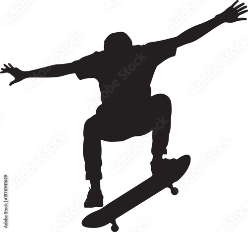 Black silhouette of a young skateboarder performing a jump trick isolated on a white background isolated on white background