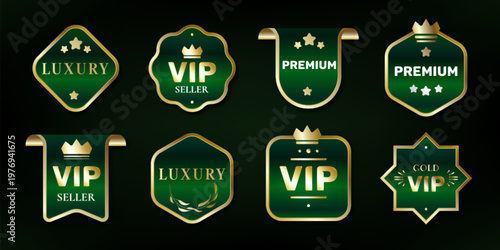Premium green gold ribbon labels, luxury emblems, realistic vector icons isolated on black background. Elegant golden banners, tags for VIP awards, certificates, exclusive promotions, seal badge frame