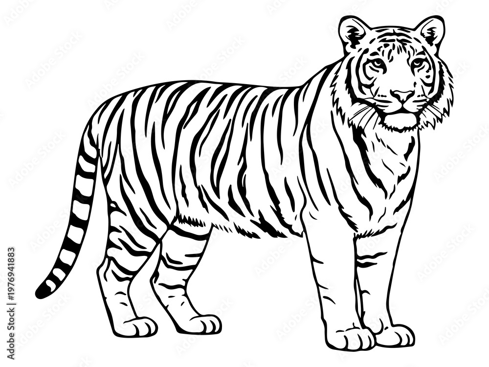 Obraz premium Hand drawn outline of tiger vector illustrations. Black and white picture of a tiger isolated on white background