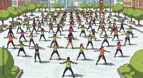 Outdoor group fitness class in city square, diverse women doing aerobics workout, community wellness event in urban park vector illustration