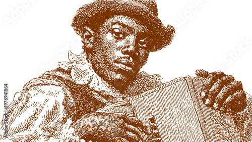 Man playing accordion in a vintage vector illustration. A historical, brown sketch capturing musical artistry and cultural expression.
