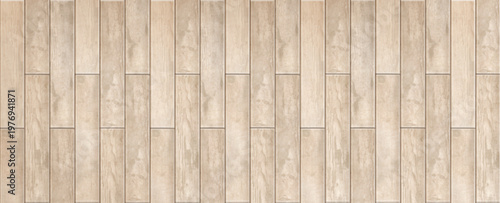 Natural wood plank background with old timber pattern. Vector realistic illustration of light beige tile surface for kitchen floor or wall, wooden flooring pattern for retro interior design
