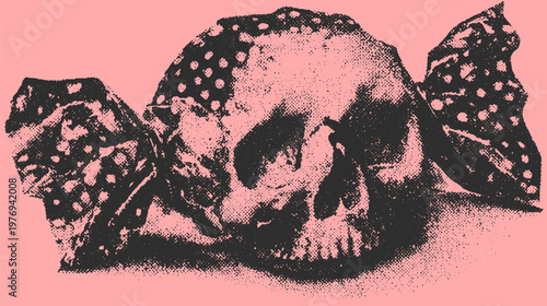 Skull with a candy bow in bold graphic style. Vintage vector illustration with textured details on a pink background.