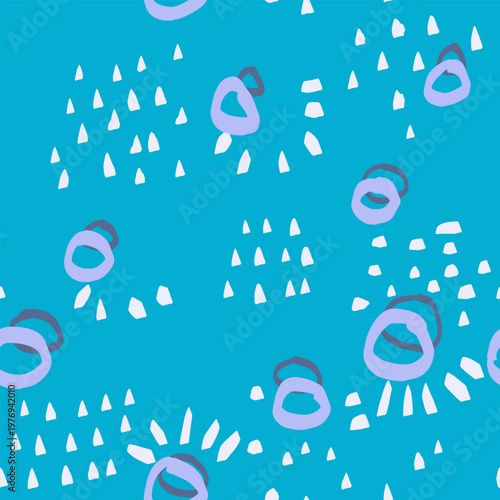 Playful seamless abstract pattern with hand drawn dots and organic shapes on a bright turquoise background. Ideal for textiles, wrapping, stationery, kids products, and modern decor
