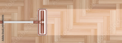 Realistic mop cleaning wooden floor surface with cleanliness effect, 3d vector background, top view. Illustration of house equipment for effective dust removal on wood parquet home flooring.