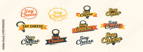Say Cheese typography logo collection, photography vector artwork set, camera design graphic, creative illustration motif, flat vector illustration
