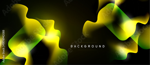 Abstract fluid shapes, yellow, green hues over black background. Dynamic composition, modern design element. Smooth gradients create visual interest.