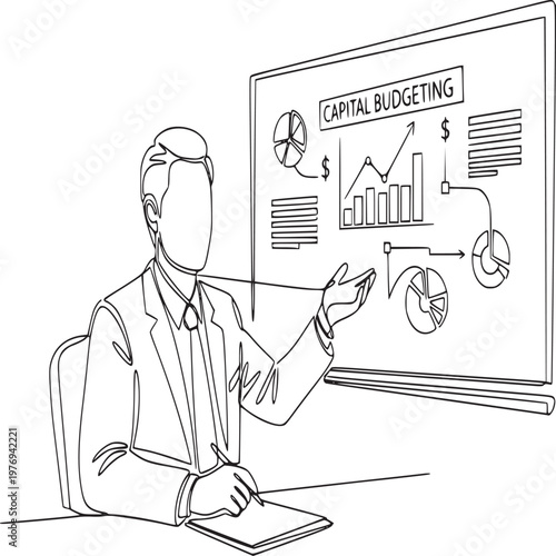 Business professional presenting capital budgeting strategy on digital whiteboard in office