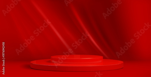 Elegant red podium with luxurious curtain draping, realistic vector background. Premium product display with silk fabric backdrop, 3d cosmetic reveal pedestal with cloth texture