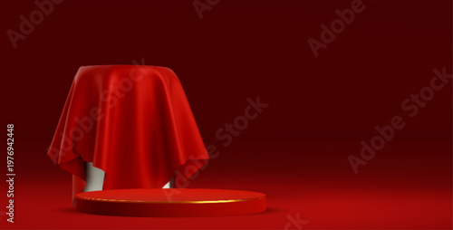 Red silk cloth draped over hidden box or podium, realistic vector background. Elegant reveal moment with flowing fabric texture over white pedestal, round stage with golden line, mystery concept