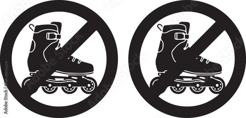 A pair of black and white icons indicating that inline skating is prohibited in this specific area isolated on white background